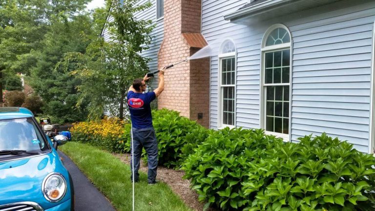 Adwell Services technician soft washing a home's siding